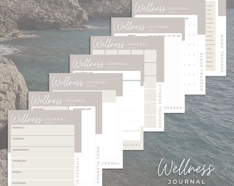 May include: A set of printable wellness journal pages with a light gray background. The pages include a weekly planner, a meal planner, a fitness tracker, a sleep tracker, a mood tracker, and a shopping list. The pages are designed to help people track their progress towards their wellness goals.
