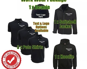May include: A work wear package featuring a black beanie, softshell jacket, hoodie, and three polo shirts. Each item includes space for custom text or a logo. The image also displays the text "Custom Embroidered Personalised Work Wear Package."