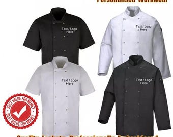 Embroidered Men's Chef Jacket, Personalised Chest Logo / Text Jacket, Custom Monogrammed Flag on Sleeve Chef Cooking Jacket, Gifts for Chef