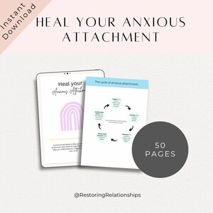 May include: A digital download for a 50-page workbook titled "Heal Your Anxious Attachment." The cover features a rainbow illustration and the text "Heal Your Anxious Attachment." The workbook is designed to help people understand and manage anxious attachment styles.