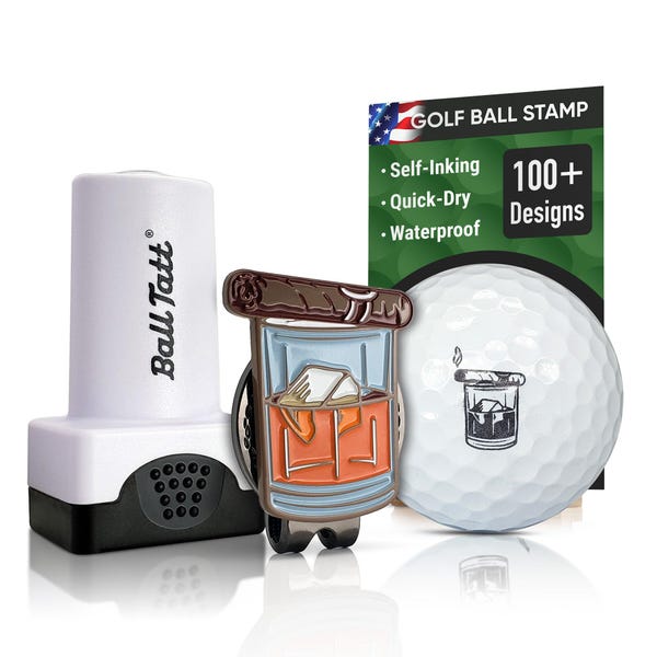 Ball Tatt - Whiskey Cigar Golf Ball Stamp Self-Inking, Quick-Dry with XL Ball Marker and Hat Clip, Ideal Golfer Gift for Men & Women