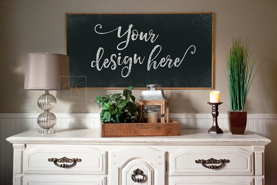 Wooden Sign Picture Frame Rectangular Artwork Mockup Styled Photography