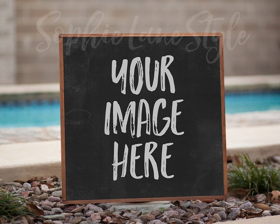 Square Wooden Sign Picture Frame Artwork Print Mockup Pool