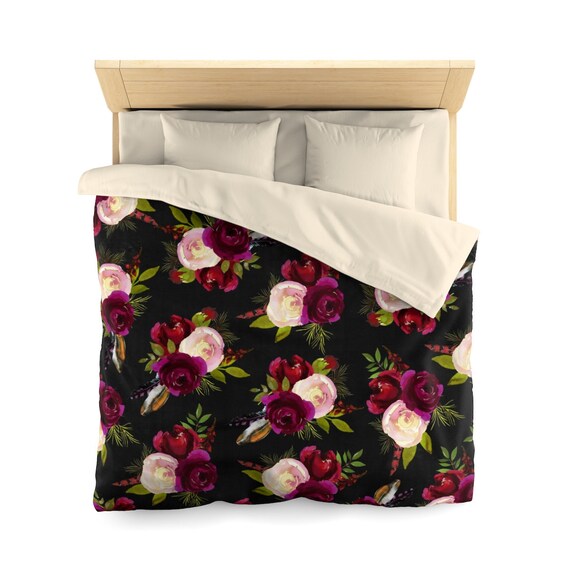 Black Floral Microfiber Duvet Cover Red Pink Rose Comforter Etsy