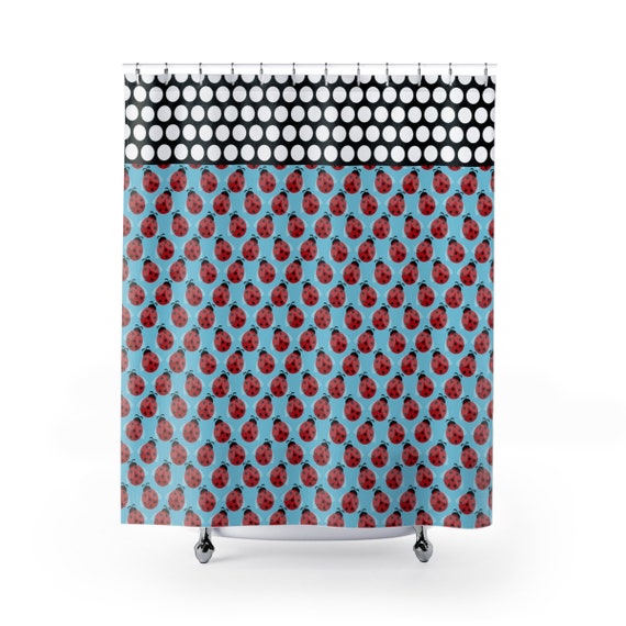 Blue Ladybug Shower Curtains Black Polka Dots Bathroom Decor Etsy