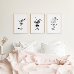 Juego de 3 impresiones de cóctel, Póster de cóctel retro, Impresión en blanco y negro, Arte funky de carrito de bar, Arte de boceto de cóctel vintage