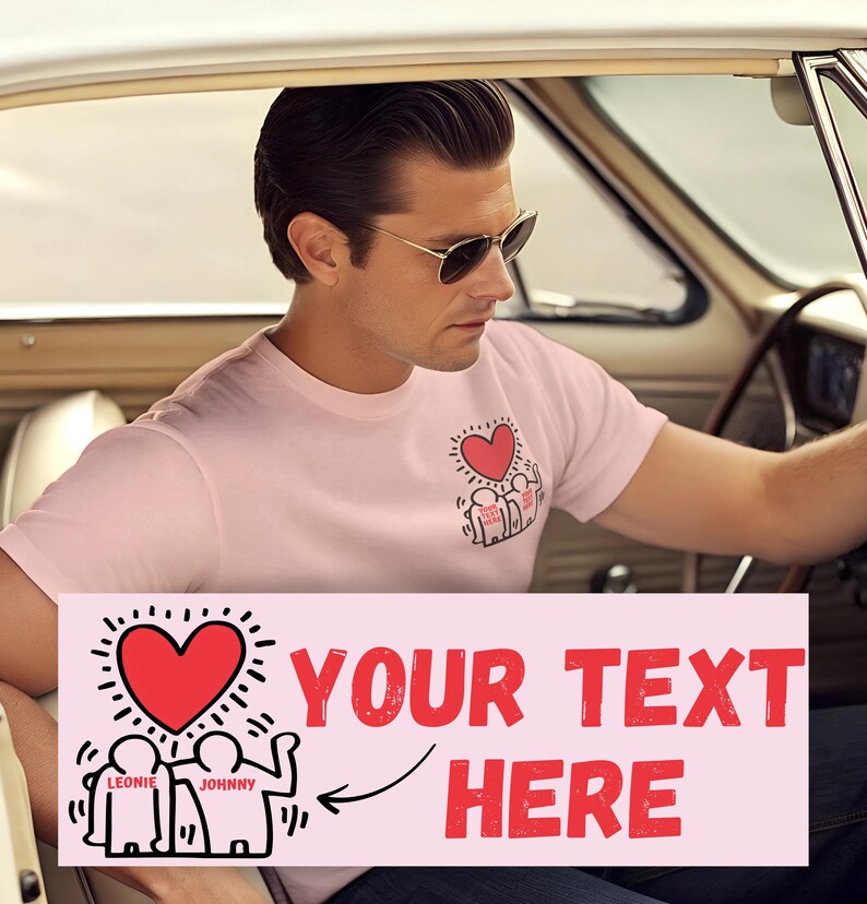 May include: Pink t-shirt with a graphic of three figures holding hands with a red heart above them. The text "YOUR TEXT HERE" is on a pink banner with a black arrow pointing to the graphic.