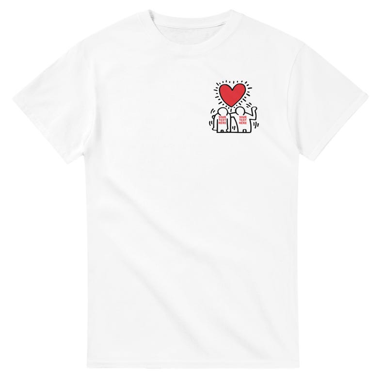 May include: White t-shirt with a red heart and two figures holding hands. The figures have the text "YOUR TEXT HERE" on their shirts.