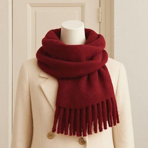 Wine Red Winter Scarf for Women – Soft Feel Shawl, Thick Warm Pashmina Wrap, Large Tassel Blanket Scarf, Holiday Gift