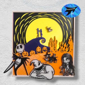 May include: A 3D layered art piece featuring characters from the Nightmare Before Christmas movie. The scene depicts Jack Skellington, Sally, and other characters from the film. The background features a yellow moon with black swirls and a purple hill with a spooky castle.