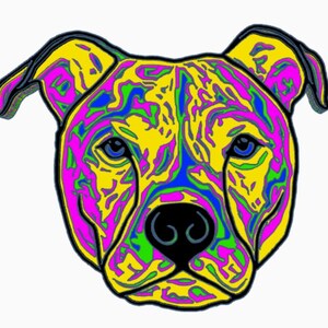May include: A colorful illustration of a pit bull dog's head. The dog's fur is a vibrant yellow with pink, blue, and green accents. The dog's eyes are blue, and its nose is black.