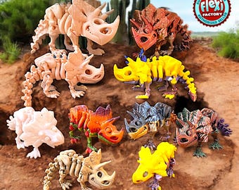Drukowany w 3D przegubowy szkielet triceratopsa, zabawka-fidget w kształcie dinozaura