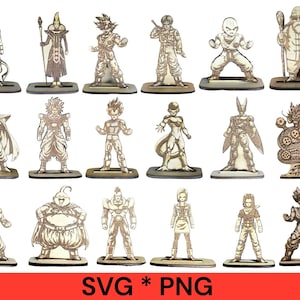 Op de afbeelding: Houten beeldjes van verschillende Dragon Ball-personages, elk gemonteerd op een rechthoekige basis. De figuren zijn ingewikkeld gedetailleerd en tonen de unieke ontwerpen van de personages. De onderkant van de afbeelding heeft de tekst "SVG * PNG".