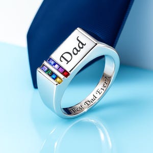 Personalized Men’s Birthstone Ring & Custom Name Engraving – Sterling Silver Signet Ring Gift for Husband, Dad, Father’s Day and Christmas
