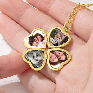 Custom Photo Locket Necklace | Gold Heart Picture Locket | Family Necklace with 4 Photos | Gift for Mom, Grandma, Wife | Clover Locket