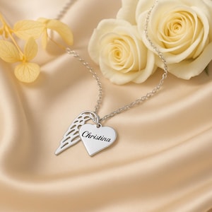 Custom Angel Wing Name Necklace | Heart Necklace Memorial Gift for Her | Loss of Loved One, Pet or Family Tribute Jewelry