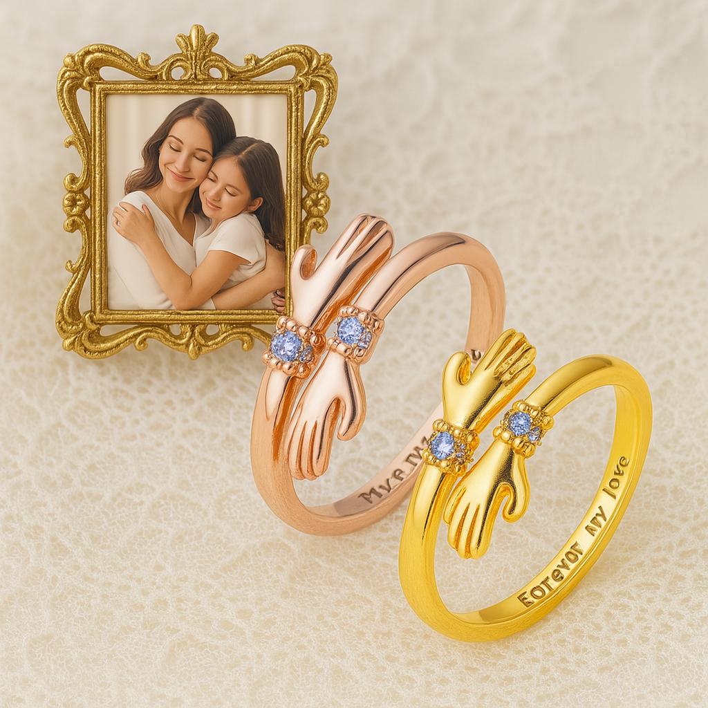 Adjustable Birthstone Hug Ring – Personalized Love Ring Engraved Keepsake with Card | Sterling Silver & Brass Jewelry Gift for Her