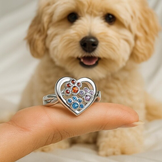 Personalized Heart Paw Print Birthstone Pet Ring – Custom Engraved