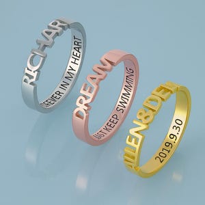 Custom Name Ring, Personalized Stackable Rings in 925 Sterling Silver, Cutout Band with Inside Engraving, Gift Jewelry for Her or Him