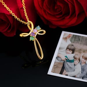 Family Birthstone Cross Necklace | Custom Cross Pendant for Mom, Wife, Grandma with Birthstones | Personalized Gift for Her