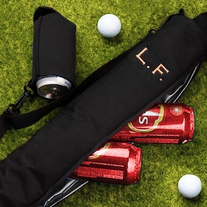 Benutzerdefinierter Namens-Golftaschen-Bierdosenhalter - personalisierter Goldbier-Ärmelkühler für Golfer, isolierte Trage, einzigartiges Golfgeschenk für Papa
