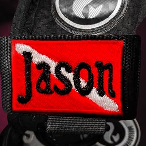 Custom Name Scuba Dive Tag | Personalized Red Flag Diver ID Tag | Embroidered Name Strap for BCD | Scuba Diver Gift