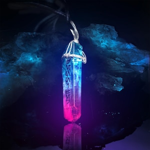 Handcrafted Kyber Crystal Necklace | Custom Sci-Fi Lightsaber Pendant | Aurebesh Text Crystal Necklace | Galactic Name Jewelry