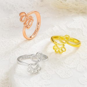 Personalisierte Pfotenabdruck Ring mit Haustier Name | Personalisierter Herz-Haustier-Memorialring | Einstellbare Silber oder Messing Haustier-Liebhaber-Geschenk-Schmuck