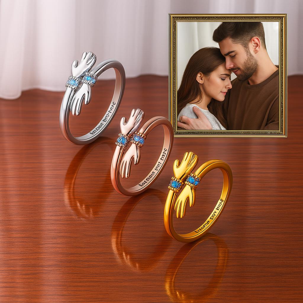 Adjustable Birthstone Hug Ring – Personalized Love Ring Engraved Keepsake with Card | Sterling Silver & Brass Jewelry Gift for Her
