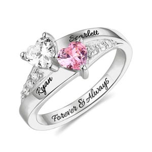 Bague coeur personnalisée avec pierre de naissance avec noms gravés, bague prénom pour couple, bague coeur 2 pierres de naissance, bague promesse, bague mère