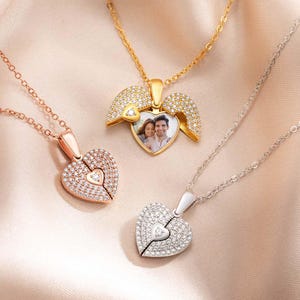 Benutzerdefinierte Herz-Foto-Halskette | Engelsflügel Anhänger in Gold oder Silber | Personalisiertes Geschenk für Mama, sie, Frau oder Tochter