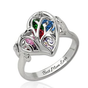 Personalized Family Tree Ring - Sterling Silver Custom Tiny Family Birthstone Heart Ring - Gift for Mothers, Wife and Grandma.