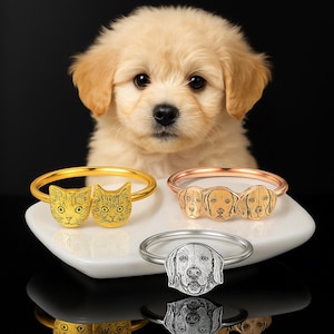 Engraved Pet Portrait Ring • Custom Dog Cat Face Jewelry • Personalized Animal Ring Gift for Pet Lovers • Silver or Brass Option