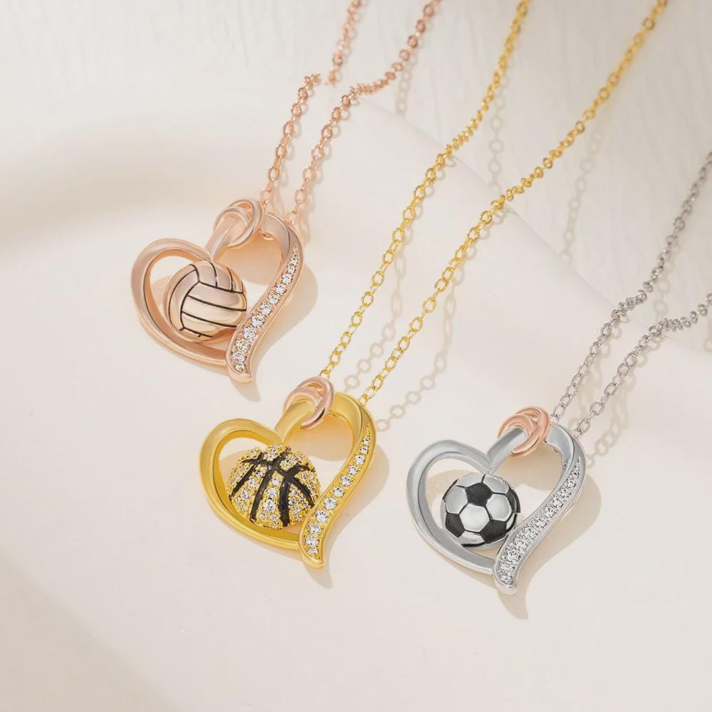 Personalized Sports Heart Necklace: Volleyball, Basketball, Soccer - Sterling Silver or Gold Plated