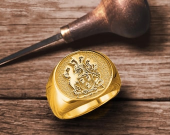 Family Crest Signet Ring - Wax Seal Ring - Coat of Arms Custom Engraved - University Crest Logo Emblem - Family Keepsake Ring