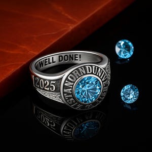 Personalized Graduation Ring with Birthstone | Custom College Class Ring, School Signet Ring in Sterling Silver or Gold Plated