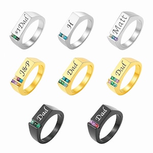 Men’s Ring – Sterling Silver Family Birthstones Signet Ring, Custom Engraved Gift for Husband & Dad, Father’s Day and Christmas
