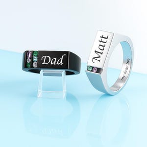 Men’s Birthstone Signet Ring – Custom Engraved Family Silver Band Ring -Personalized Gift for Dad & Husband, Birthday and Father’s Day