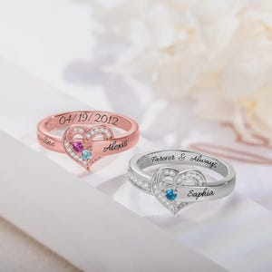 Custom Hearts Birthstones Promise Ring | Personalized Couples Ring or Mothers Family Ring | Engraved Name Birthstone Jewelry Gift