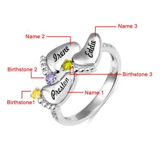 Personalized Sterling Silver Baby Feet Birthstone Ring - Engravable Custom Gift For Mom, Grandma