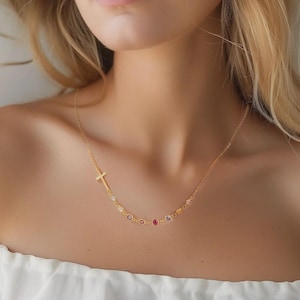 Custom Dainty Cross Necklace with Birthstone – Family Birthstone Jewelry ∙ Custom Gift for Mom, Grandma, or Her