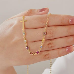 Family Birthstone Cross Necklace – Custom Gold Necklace with Kids&#39; Birthstones | Gift for Mom, Grandma, or Her