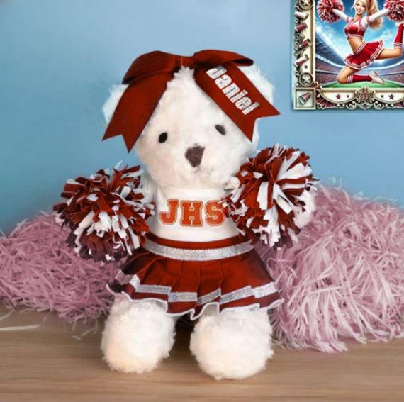 Custom Name Cheerleader, Personalized Cheerleading Plush Bear for Girls, School Spirit,  Red and White Cheer Bears, Daughter/Niece Gift