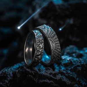 Anelli coordinati Luna e Sole / Fedi nuziali personalizzate per coppie / Fedi nuziali celestiali per lui e per lei / Regalo per anniversario