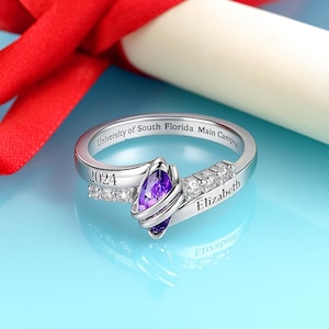 Personalized Class of 2025 Graduation Ring for Her, Custom Birthstone & Name Engraved Class Ring, Gift for Women Graduates