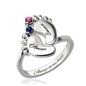 Personalized Baby Feet Birthstone Ring for Moms - Custom Names & Birthstones, Sterling Silver Family Name Ring, Mother&#39;s Day Gift