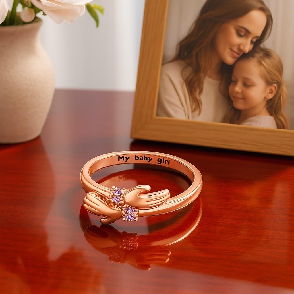 Adjustable Birthstone Hug Ring – Personalized Love Ring Engraved Keepsake with Card | Sterling Silver & Brass Jewelry Gift for Her