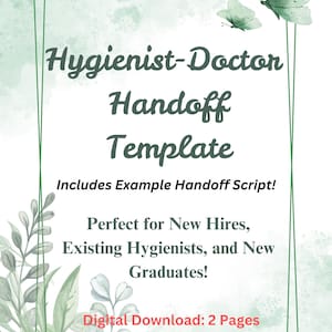 Könnte beinhalten: Ein grüner und weißer Aquarellhintergrund mit Schmetterlingen. Der Text "Hygienist-Doctor Handoff Template" ist in schwarzer Schrift. Der Text "Includes Example Handoff Script!" ist in schwarzer Schrift. Der Text "Perfect for New Hires, Existing Hygienists, and New Graduates!" ist in schwarzer Schrift. Der Text "Digital Download: 2 Pages" ist in roter Schrift. Der Text "Format: Google Document" ist in roter Schrift.