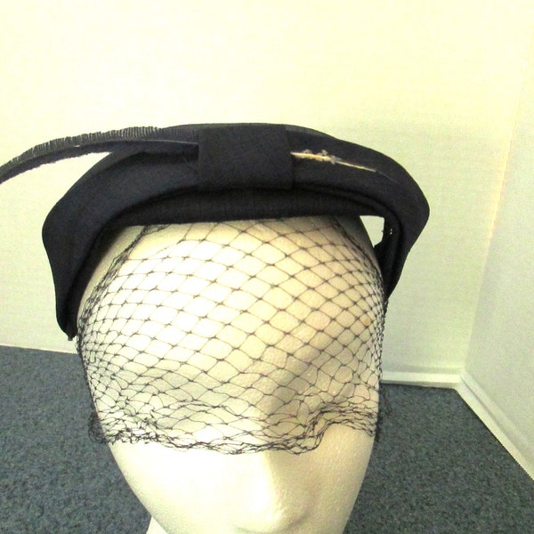 Vintage Fascinator Hat w/ Feather & Netting Blue