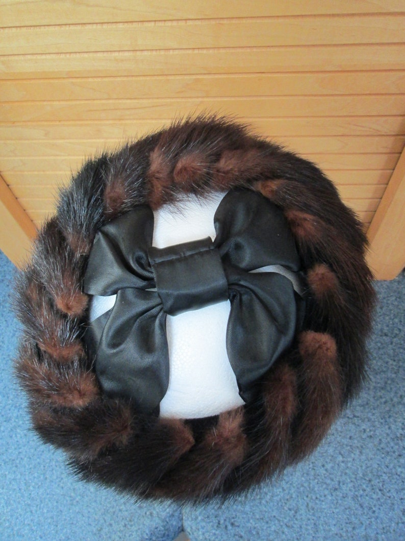Vintage Fur Tails Hat Band Mink Muskrat Satin Bow